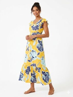 Iman Vibrant Floral Flutter Sleeve Tiered Maxi Dress Size Small